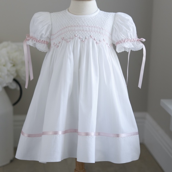 Strasburg Dress Smocked White with Pink Trim Special Occassion Heirloom - Picture 2 of 6